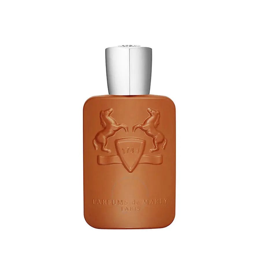 A full, front-facing view of the Parfums De Marly Althaïr perfume bottle, showcasing its distinct opaque chestnut-brown color, the brand's iconic horse emblem, and the elegant silver-toned cap.