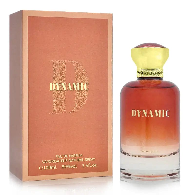 The Bharara Dynamic Pour Homme 3.4 oz bottle, featuring an orange-to-clear gradient and a gold cap, shown next to its copper-colored box.