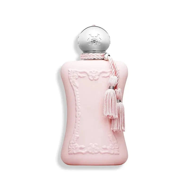 A full, front-facing view of the Parfums De Marly Delina perfume bottle, focusing on the beautiful pink color of the fragrance and the delicate, decorative tassel.