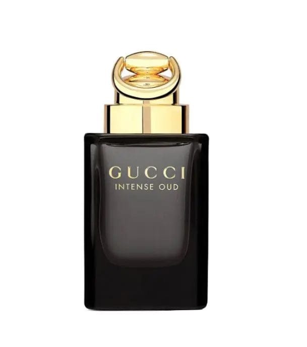 The Gucci Intense Oud 3.0 oz Eau de Parfum bottle, featuring a heavy black translucent glass, gold lettering, and a signature gold horsebit-style cap.