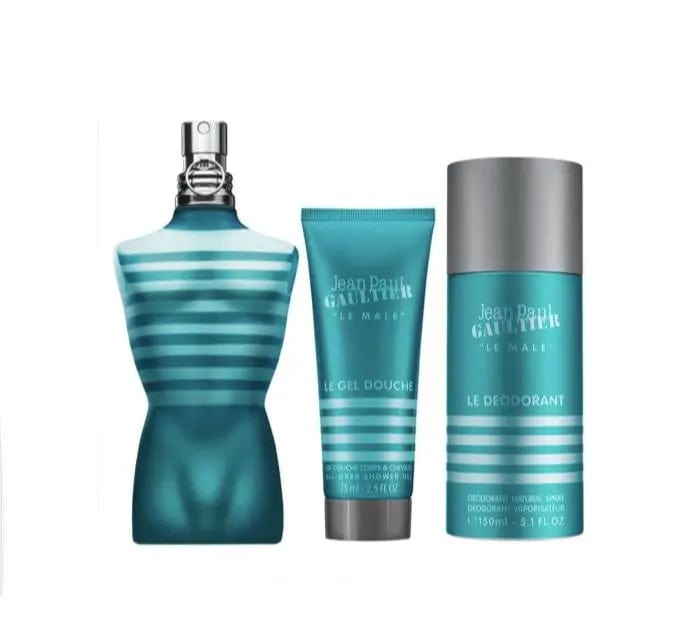 The three products from the Jean Paul Gaultier Le Male 3-piece gift set—the iconic torso bottle, shower gel, and deodorant spray—shown in their signature teal color.