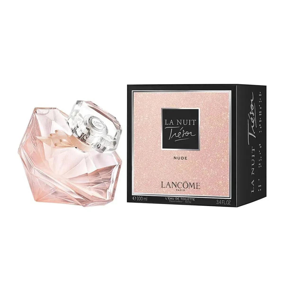 The Lancome La Nuit Trésor Nude 3.4 oz diamond-shaped bottle with its pink liquid and bow, shown next to its glittering pink and black box.