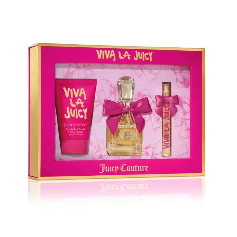 The Viva La Juicy 3-piece gift set in its hot pink and gold box, showing the EDP bottle with its pink bow, the body souffle, and the travel spray.