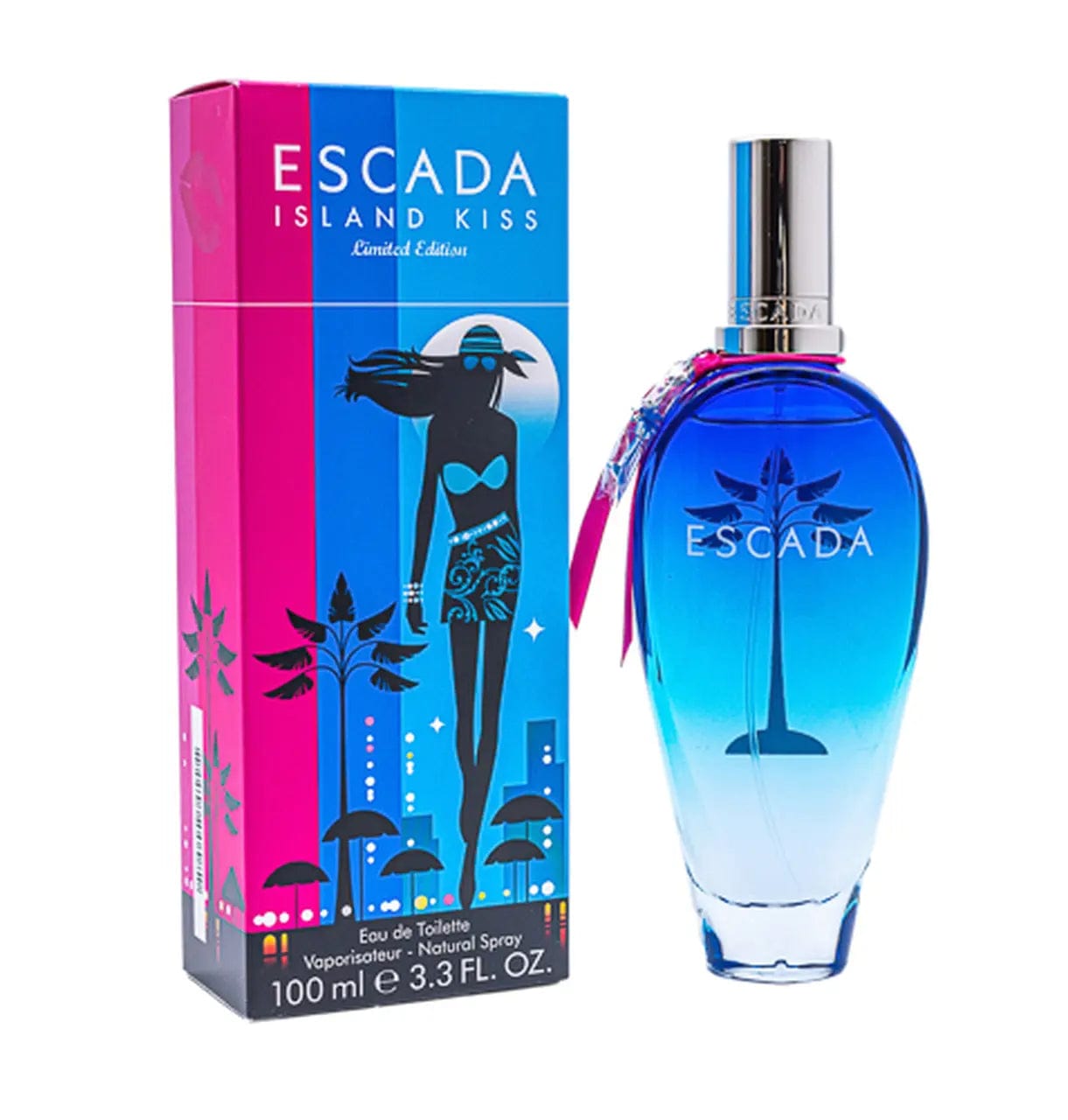 The limited edition Escada Island Kiss perfume bottle, with its ombre blue to clear design and a vibrant, tropical-themed box featuring a silhouette of a woman. The image highlights the colorful and playful aesthetic of the fragrance.