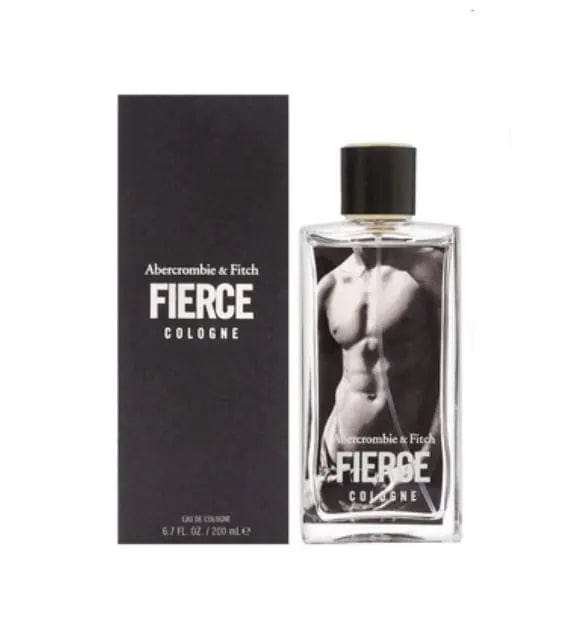 The Abercrombie &amp; Fitch Fierce cologne bottle, with its distinctive embossed image of a torso, displayed next to its matching box. The image showcases the iconic packaging and the brand&