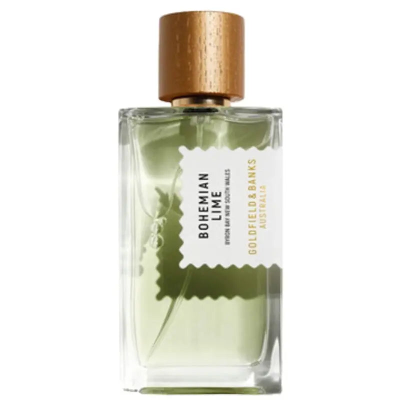 Close-up of Bohemian Lime by Goldfield &amp; Banks Eau de Parfum bottle