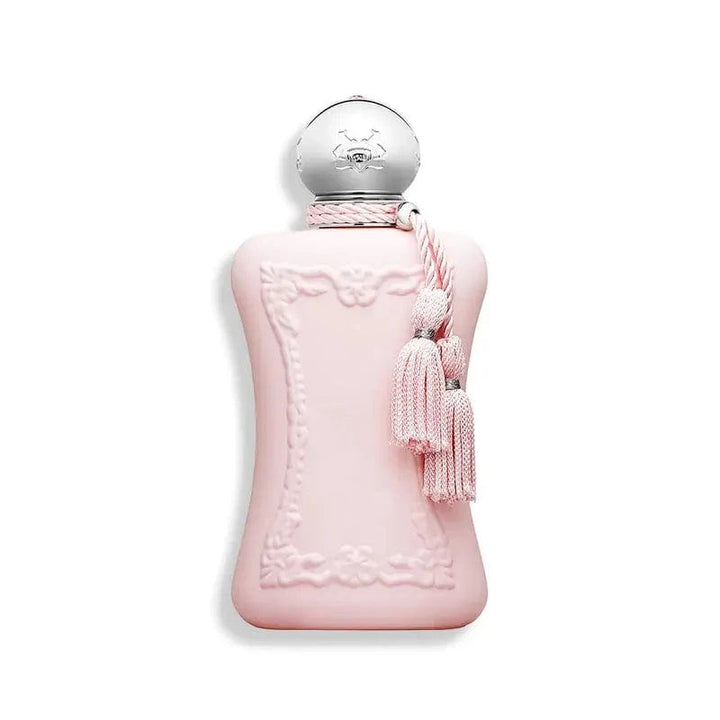 A full, front-facing view of the Parfums De Marly Delina perfume bottle, focusing on the beautiful pink color of the fragrance and the delicate, decorative tassel.