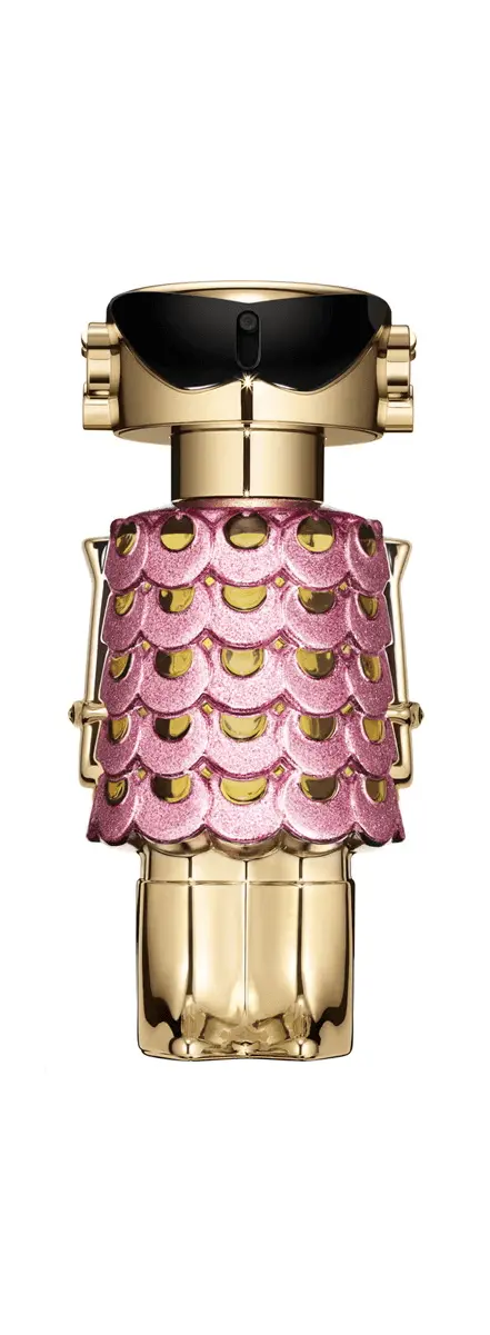 Close-up of Fame Blooming Pink by Paco Rabanne Eau de Parfum bottle