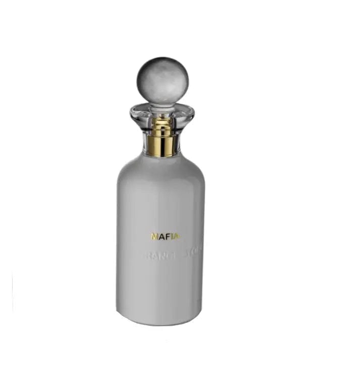 A clean product shot of the white Fragrance Story Mafia 3.4 oz EDP bottle with its round cap and gold details, on a white background.