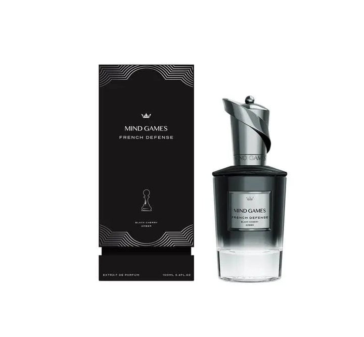 The Mind Games French Defense fragrance bottle and its luxurious black and gold packaging box, displayed together.