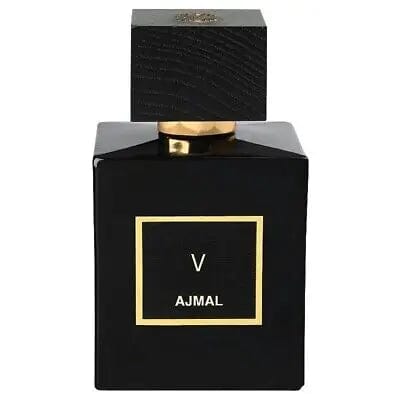 A clean product shot of the black Ajmal Gold Collection V bottle with its matching black cap, on a white background.