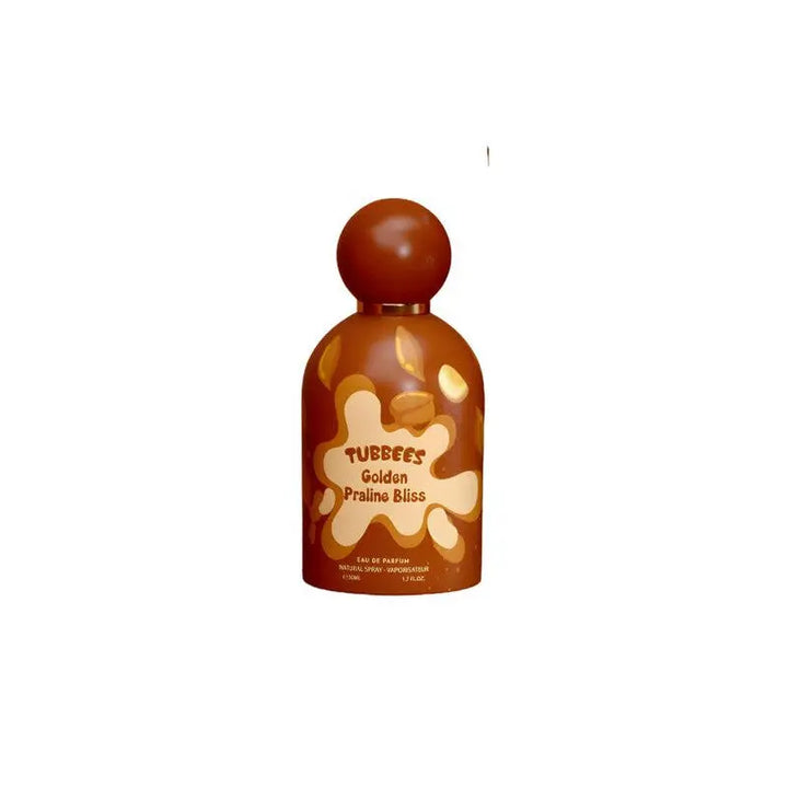 Close-up of Golden Praline Bliss by Tubbees Eau de Parfum bottle
