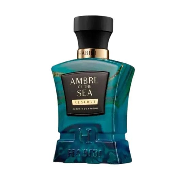A professional product shot of the Habibi Ambre Of The Sea Reserve perfume bottle, with its sleek, tall design and a prominent brand logo. 
