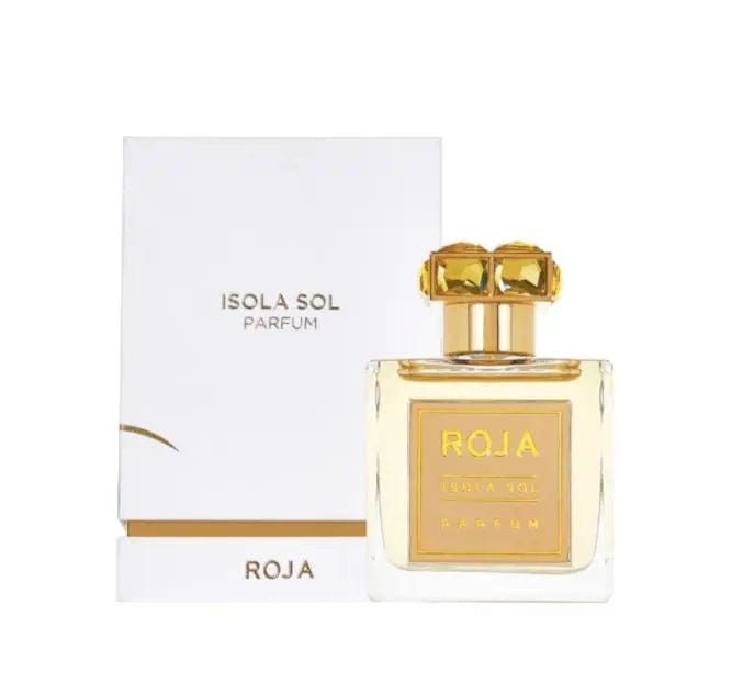 The Roja Parfums Isola Sol perfume bottle, with its faceted design and elegant golden liquid, displayed next to its prestigious white and gold box. The image emphasizes the luxurious and high-end presentation of the product.