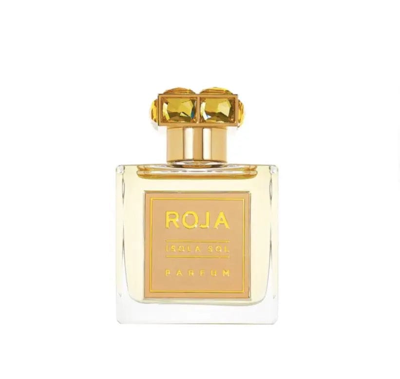 A clean, front-facing product shot of the Roja Parfums Isola Sol perfume bottle. The image highlights the bottle's intricate design, the rich golden color of the fragrance, and the distinctive gold cap and label.