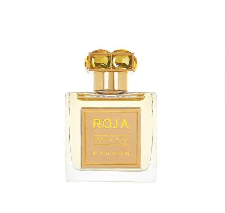 A clean, front-facing product shot of the Roja Parfums Isola Sol perfume bottle. The image highlights the bottle&