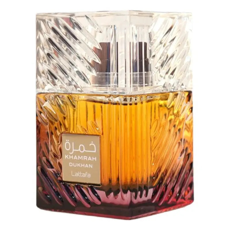 Khamrah Dukhan by Lattafa 3.4oz EDP perfume bottle detail