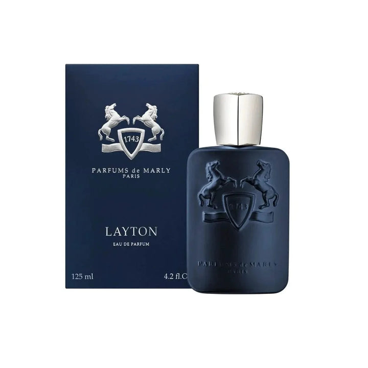 The Layton 125ml EDP bottle shown next to its matching dark blue Parfums De Marly presentation box.
