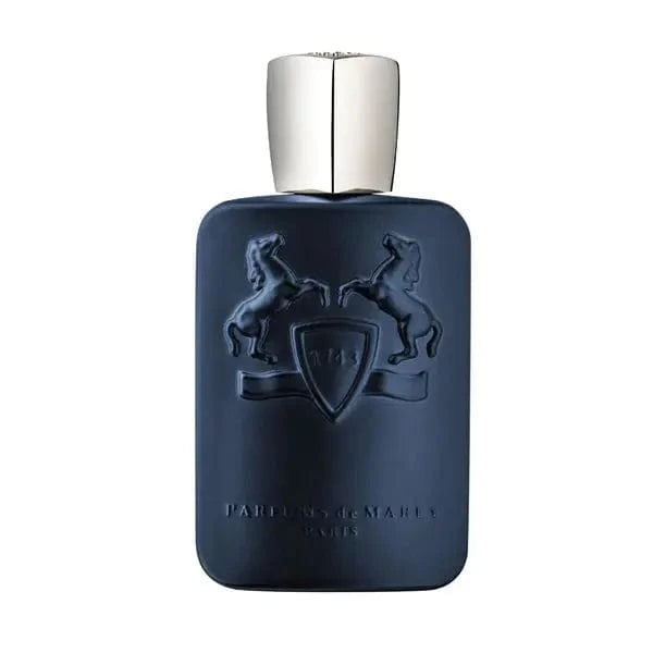 The matte navy blue Layton by Parfums De Marly 4.2 oz bottle, featuring the silver cap and raised horse crest.