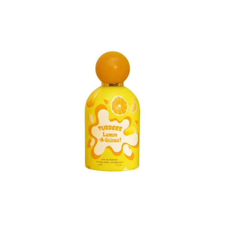 Close-up of Lemon Licious by Tubbees Eau de Parfum bottle