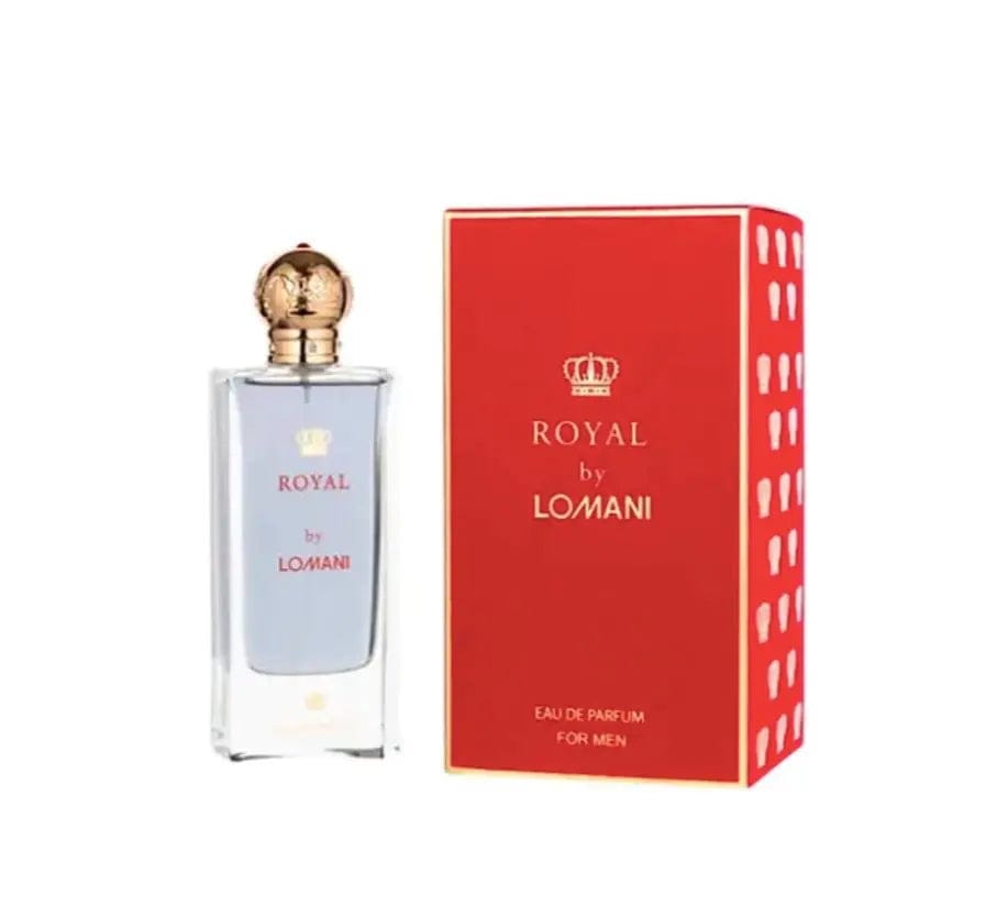 The Lomani Royal Pour Homme bottle shown next to its bold red and gold presentation box.