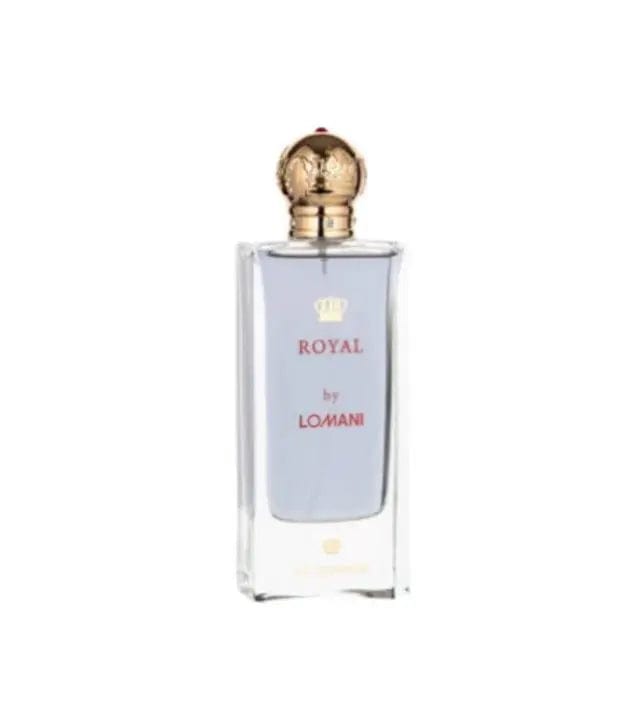 The Lomani Royal Pour Homme 3.0 oz EDP bottle, featuring a clear glass design, light blue liquid, and an ornate gold crown cap.