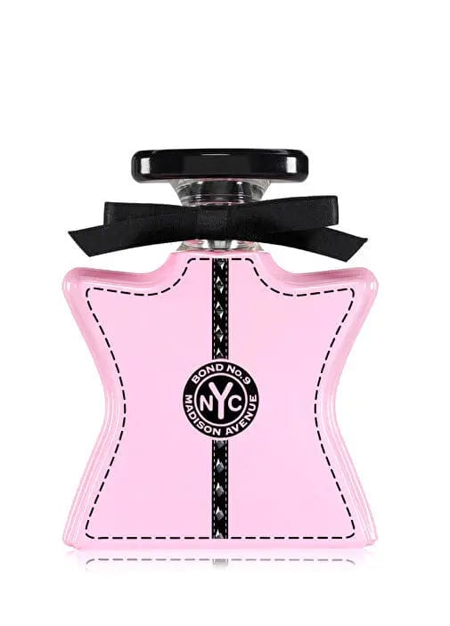 A clean product shot of the Bond No. 9 Madison Avenue 3.3 oz EDP bottle, showing the pink glass, black bow, and NYC logo.