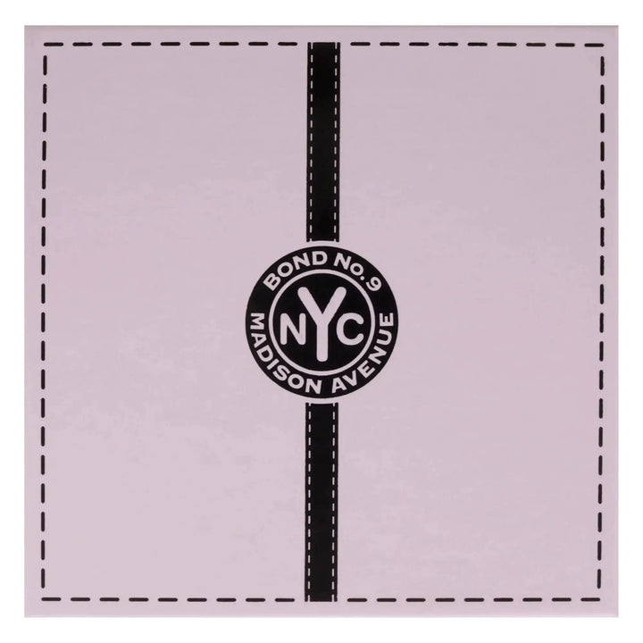 The top of the pink Bond No. 9 Madison Avenue box, showing the black &