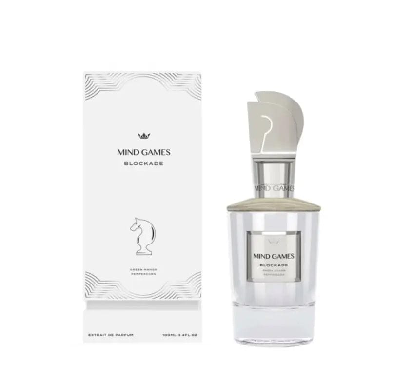 Mind Games Blockade Bottle and Box: The elegant Mind Games Blockade perfume bottle with its distinct silver chess-piece cap, positioned next to its sophisticated black and silver patterned box. This image highlights the full, luxurious presentation of the product.