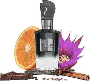 A creative and detailed product shot of the Mind Games Double Attack bottle surrounded by the key notes of the fragrance: star anise, cinnamon sticks, pink peppercorns, and cocoa beans.