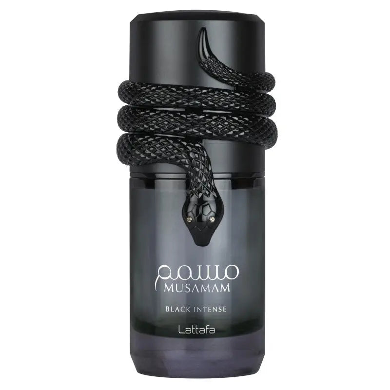 Musamam Black Intense by Lattafa 3.4oz EDP perfume bottle detail