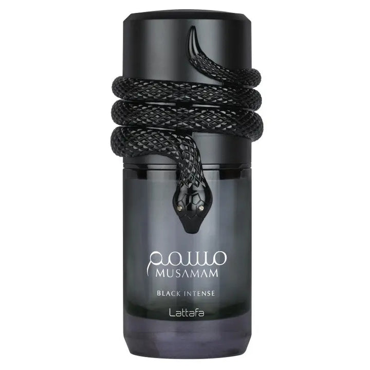 Musamam Black Intense by Lattafa 3.4oz EDP perfume bottle detail