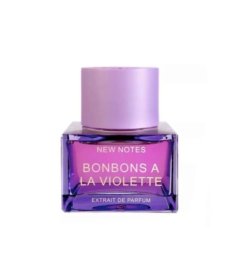 A minimalist shot of the New Notes Bonbons A La Violette 1.7 oz bottle, showing its deep purple liquid and contrasting light purple cap against a white background.