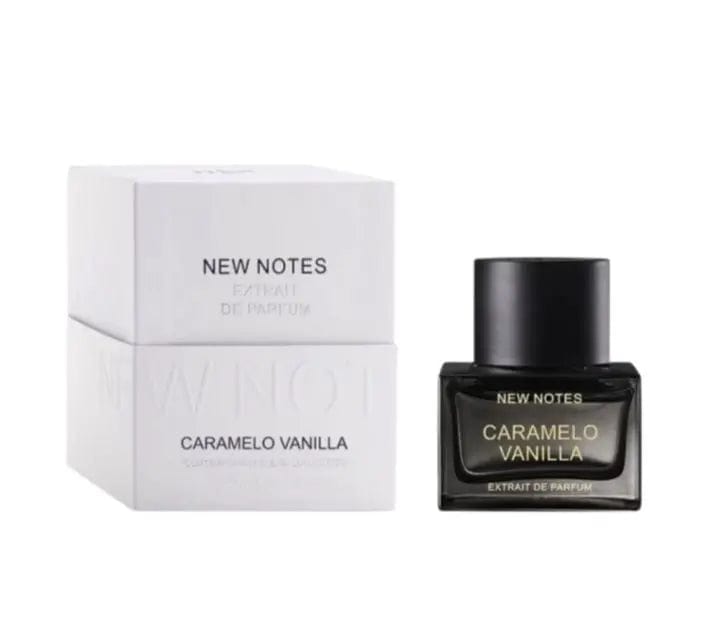 The New Notes Caramelo Vanilla perfume bottle, with its sleek, faceted glass design, displayed next to its elegant white box.