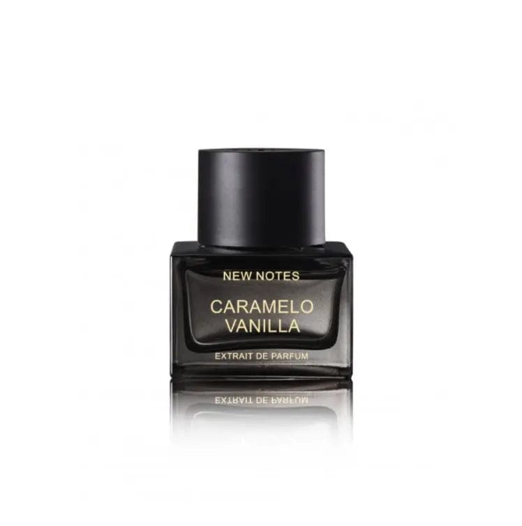 A clean, front-facing product shot of the New Notes Caramelo Vanilla perfume bottle.