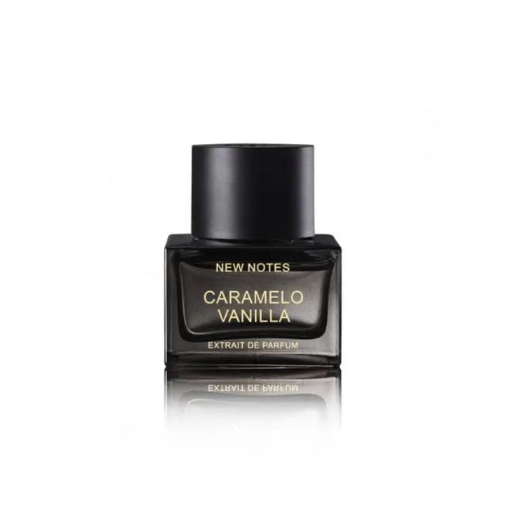A clean, front-facing product shot of the New Notes Caramelo Vanilla perfume bottle.