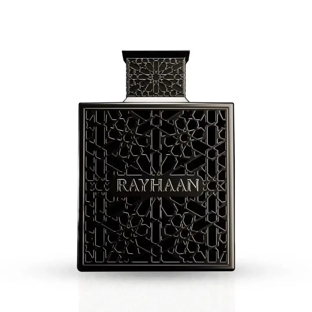 Close-up of Obsidian by Rayhaan Eau de Parfum bottle