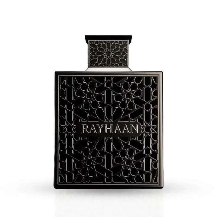 Close-up of Obsidian by Rayhaan Eau de Parfum bottle