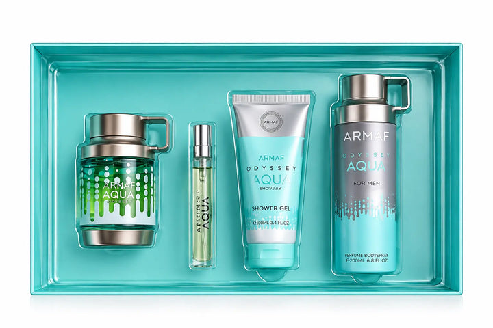 Odyssey Aqua by Armaf Men 4-piece fragrance gift set packaging
