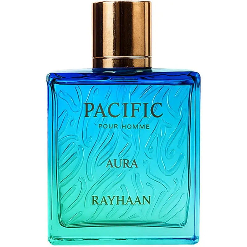Close-up of Pacific Aura by Rayhaan Eau de Parfum bottle