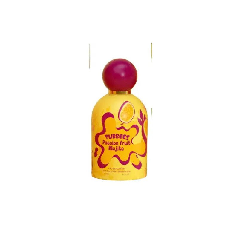 Close-up of Passion Fruit by Tubbees Eau de Parfum bottle