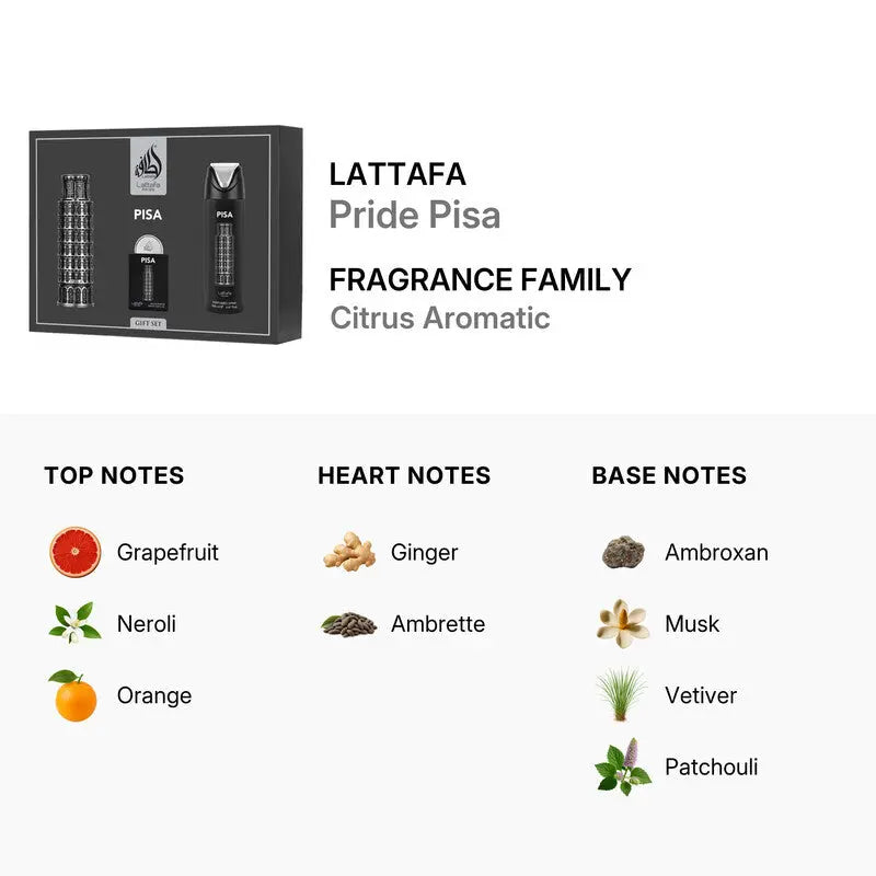 Pisa by Lattafa fresh citrus woody fragrance gift set for men
