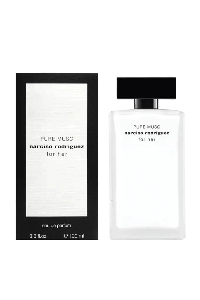 The 3.3 oz Pure Musc by Narciso Rodriguez Eau de Parfum bottle shown next to its elegant, minimalist black and white presentation box.