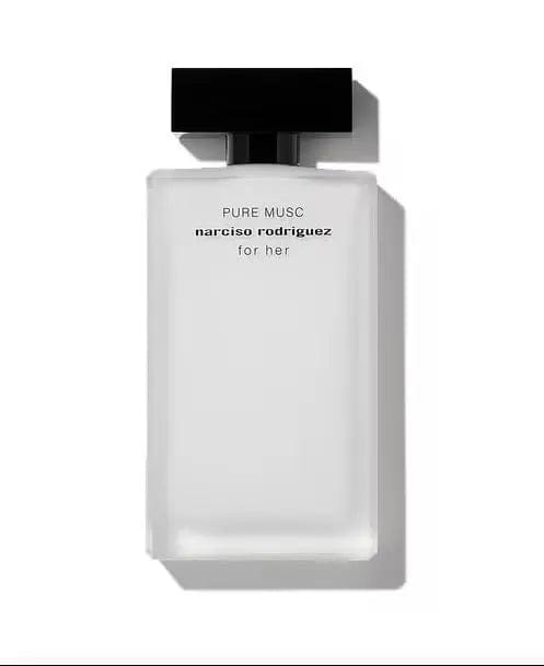 The minimalist Pure Musc by Narciso Rodriguez bottle, featuring frosted white glass and a bold black rectangular cap against a white background.