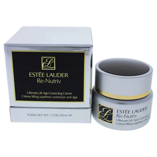 A professional, close-up shot of the luxurious Estée Lauder Re-Nutriv Ultimate Lift Age-Correcting Cream jar, highlighting its elegant gold design.