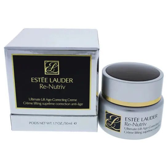 A professional, close-up shot of the luxurious Estée Lauder Re-Nutriv Ultimate Lift Age-Correcting Cream jar, highlighting its elegant gold design.