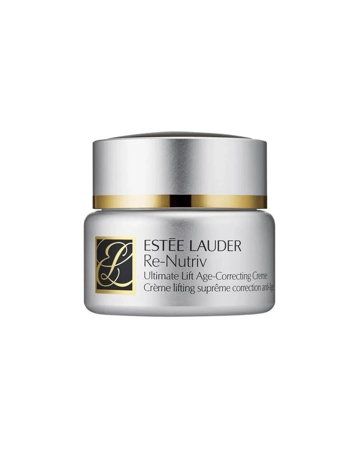A professional, close-up shot of the luxurious Estée Lauder Re-Nutriv Ultimate Lift Age-Correcting Cream jar, highlighting its elegant gold design.