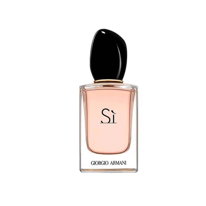 A clean product shot of the Giorgio Armani Sì Eau de Parfum bottle with its black stone-like cap.