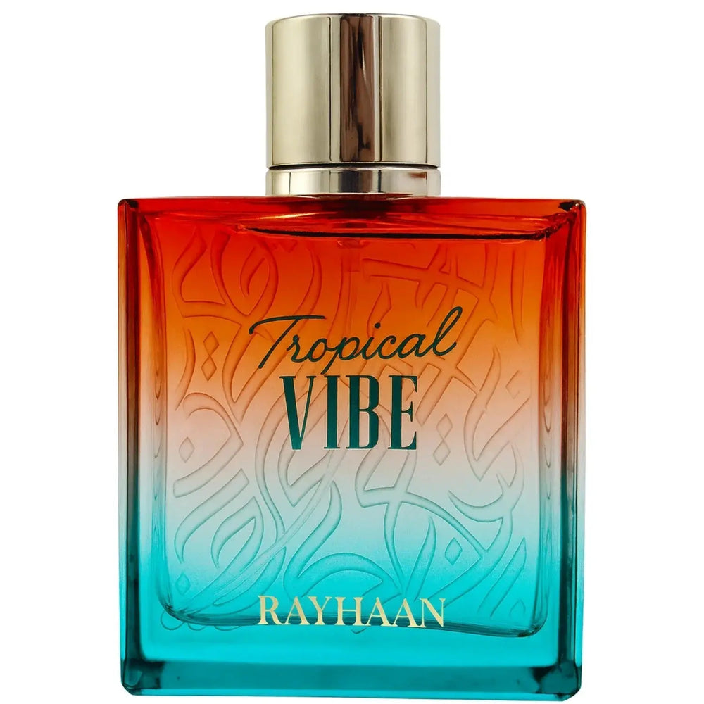 Close-up of Tropical Vibe by Rayhaan Eau de Parfum bottle
