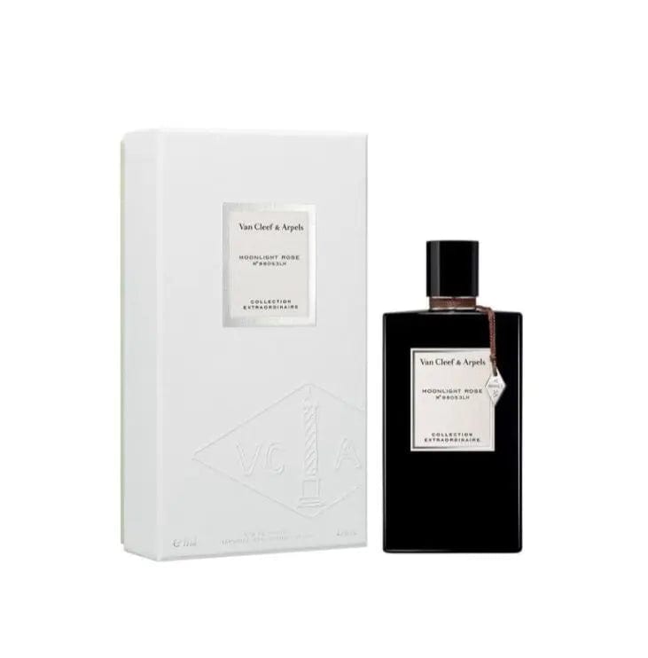 The Moonlight Rose by Van Cleef & Arpels 75ml bottle displayed next to its minimalist, elegant white 'Collection Extraordinaire' presentation box.